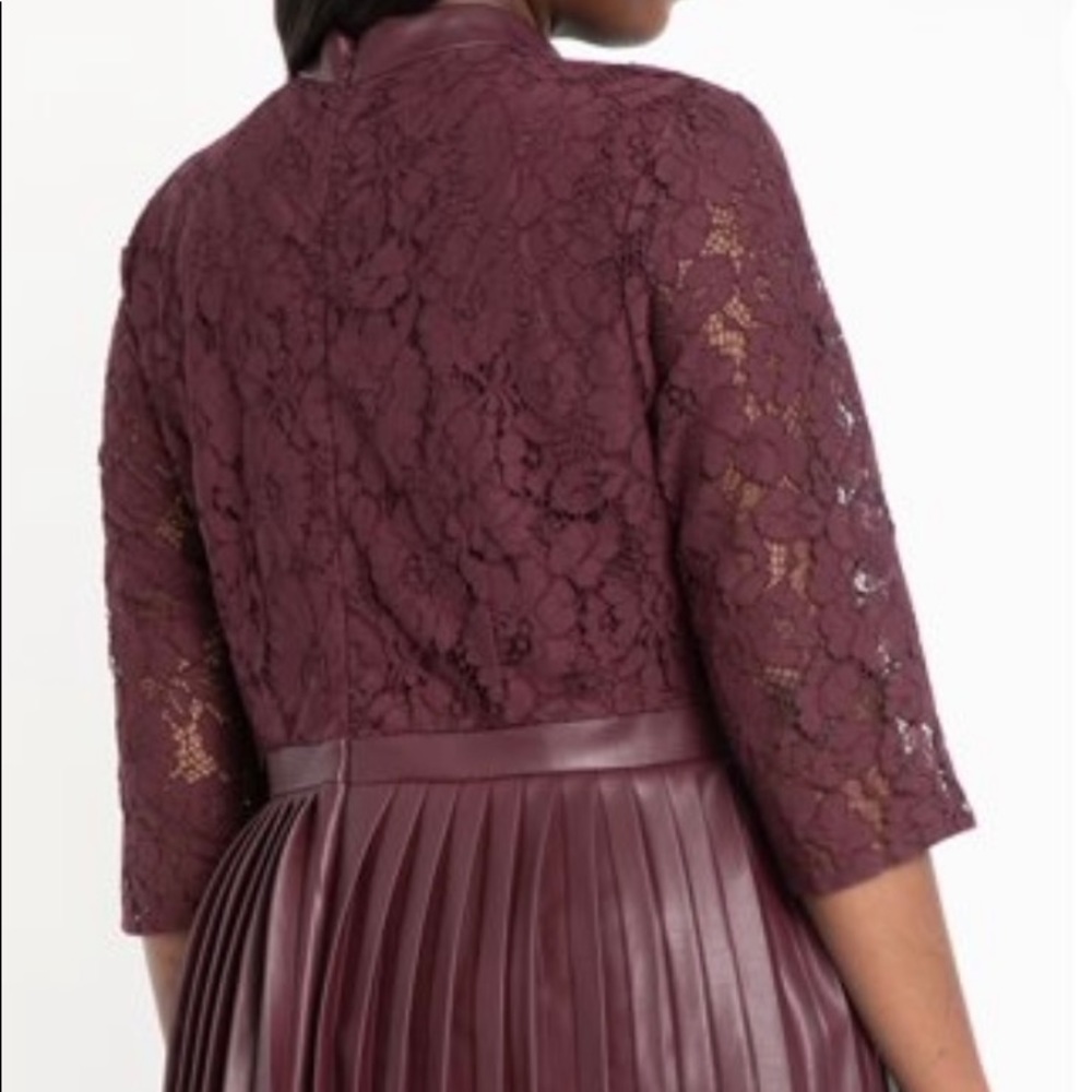 Women’s Burgundy Lace Bodice Pleated Skirt Dress with Bow - Picture 3 of 6